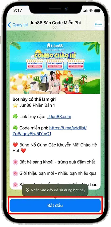 Bước 1: Truy cập vào bot @sancodeJun88bot nhấn Bắt đầu